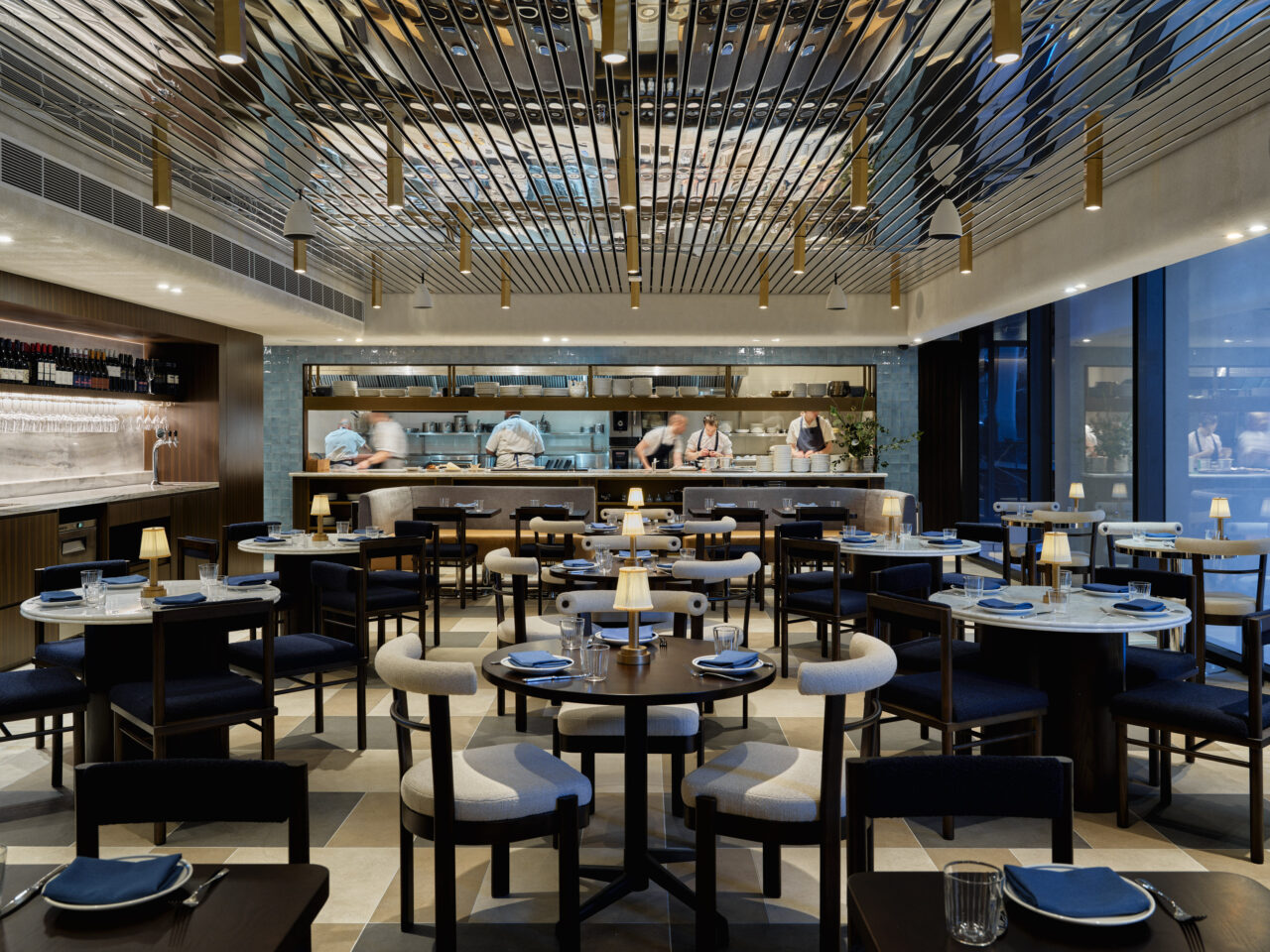 The dining room and open kitchen at Loulou Bistro Martin Place