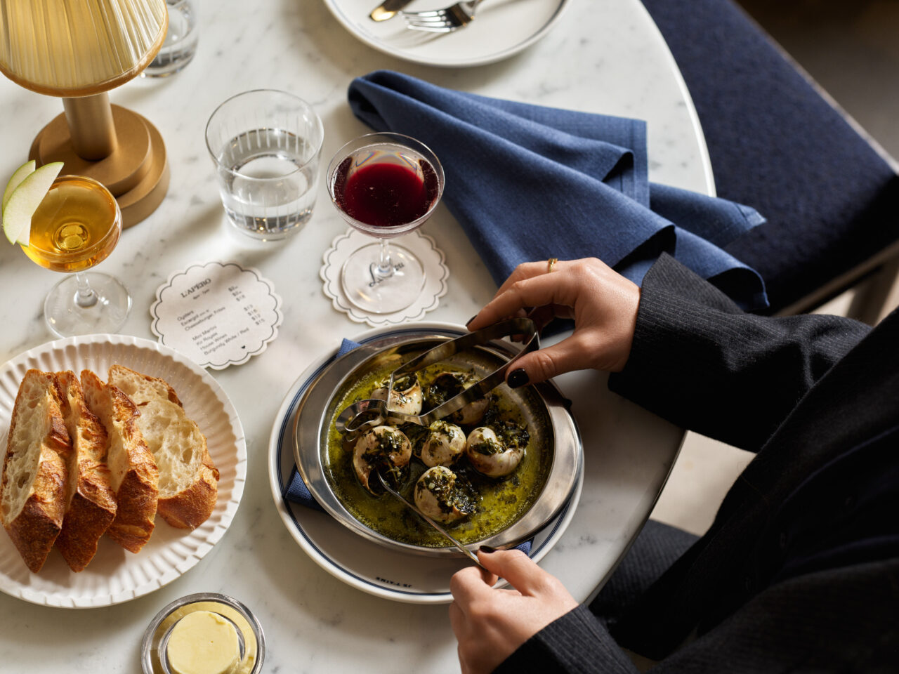 Escargots, bread and drinks at Loulou Martin Place